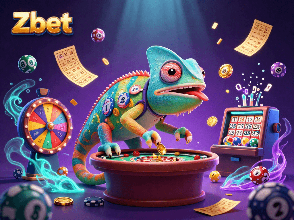 Zbet casino owner character interacts with vibrant game elements, enhancing the gambling experience.