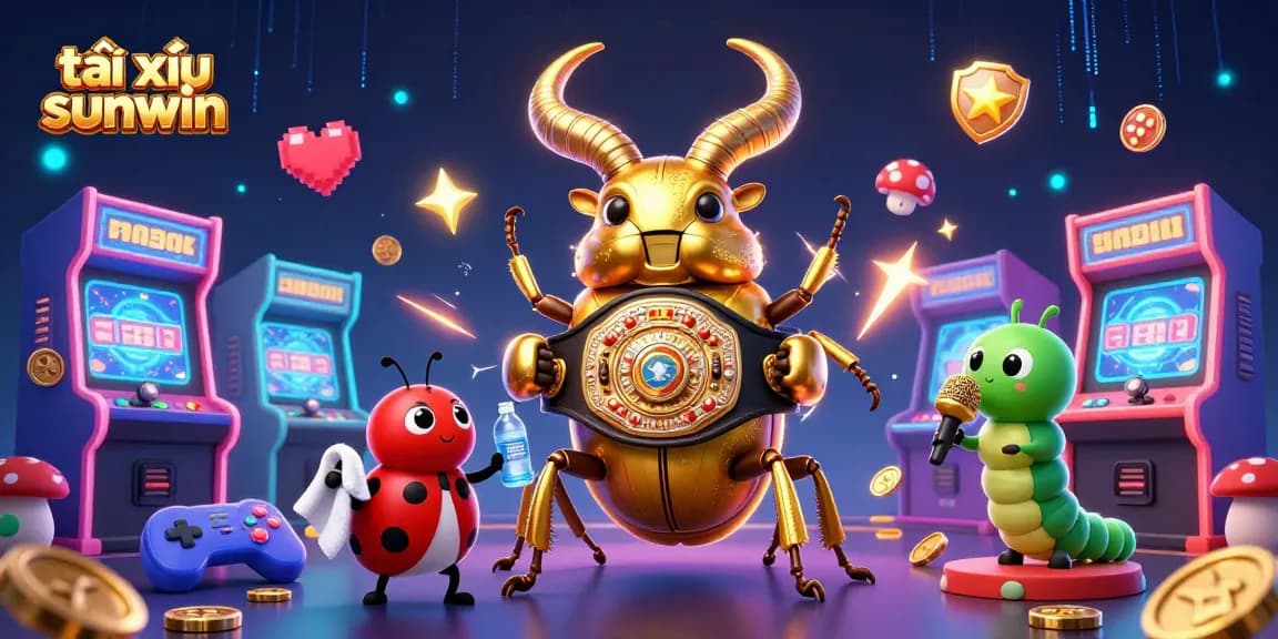Engaging scene showcasing tài xỉu sunwin with a golden beetle champion and gaming elements.