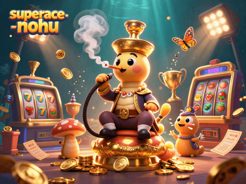 Experience the thrill of superace-nohu with dynamic poker symbols and slot machine elements in a vibrant 3D casino scene.