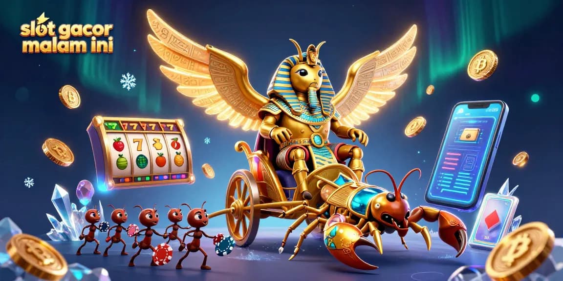 Experience the excitement of slot gacor malam ini with a vibrant 3D illustration featuring a lavish golden beetle and dynamic casino elements.