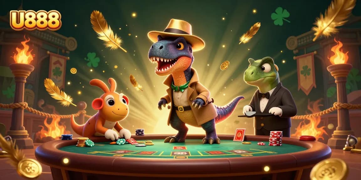 U888 features a velociraptor card counter at a busy blackjack table in a vibrant casino scene filled with action.
