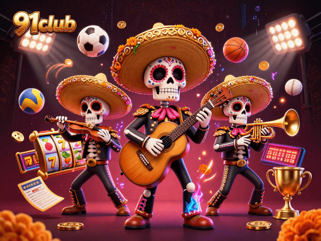 Engage with thrilling games at 91club featuring a vibrant mariachi band and dynamic slot elements.