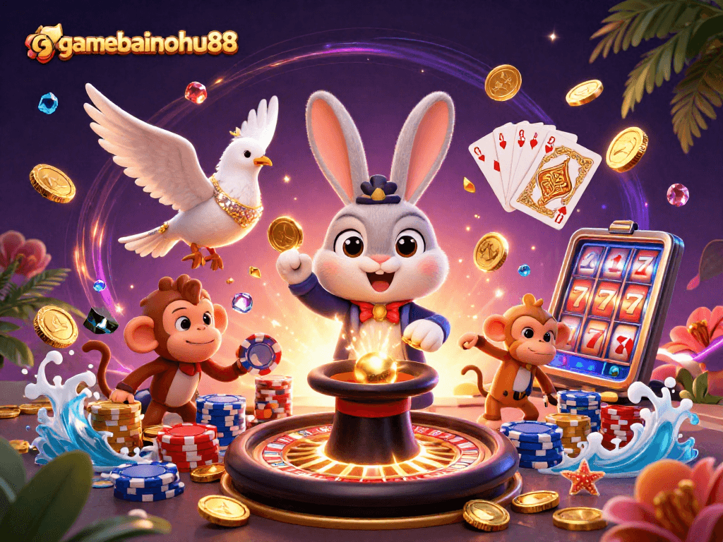Experience the thrill of gamebainohu88 with a magical bunny and casino elements in this vibrant scene.