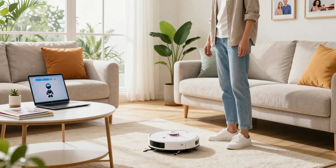 Innovative home setup with robot vacuum 2026 actively working on a stylish living room floor.