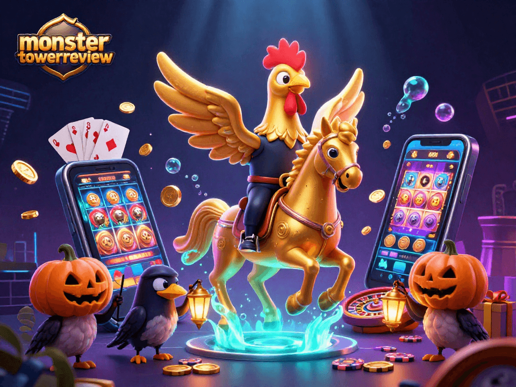 Engage with monstertowerreview's thrilling casino adventure featuring a golden rooster and spectral elements.