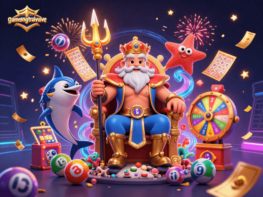 Engage in exciting gameplay with gamenongtraivuive, featuring Neptune surrounded by colorful lottery elements.