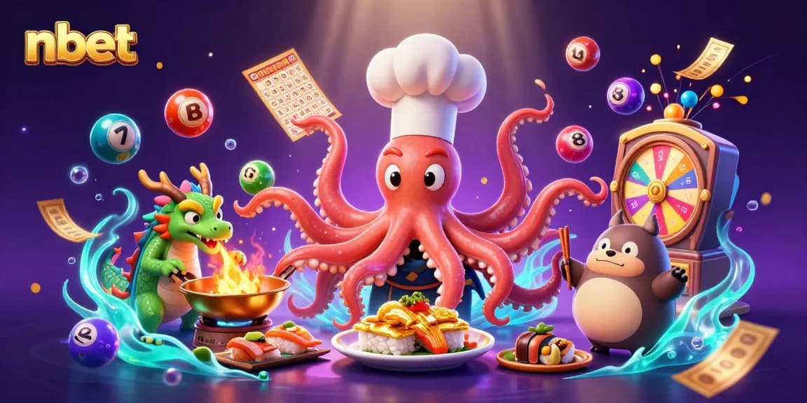 nbet offers vibrant lottery scene with octopus chef and dragon, dynamic colorful game elements.