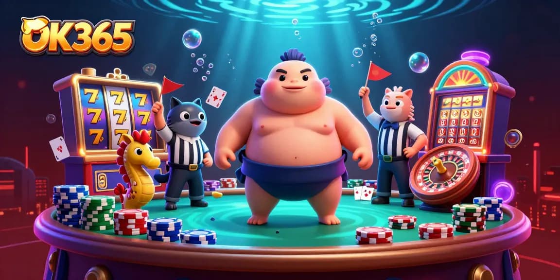 Play exciting slot games and poker at OK365, featuring a vibrant blowfish in a dynamic underwater scene.