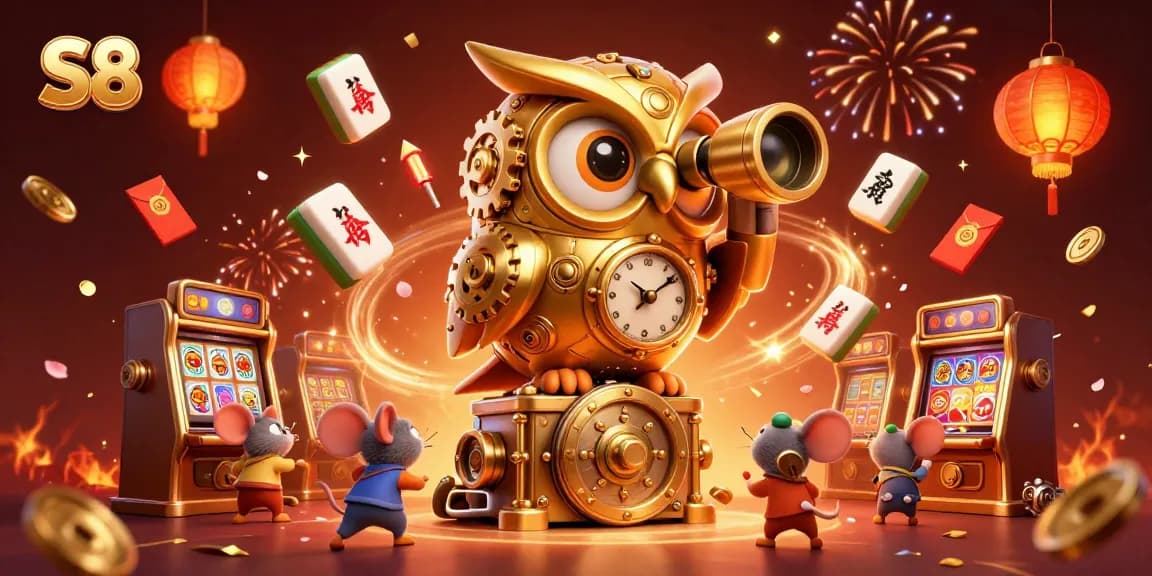 S8 combines exciting action with a golden immersive owl in a vibrant casino backdrop.