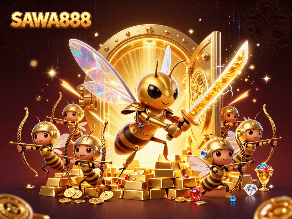 Experience the excitement of SAWA888 with vibrant characters and dazzling treasures in this engaging casino scene.