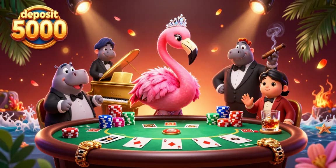 Experience thrilling gameplay with deposit 5000 at a vibrant poker scene featuring lively characters and rich casino atmosphere.
