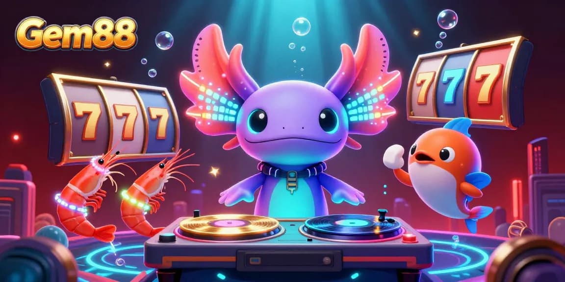 Experience the vibrant gaming scene of Gem88 with neon characters and dynamic casino elements.