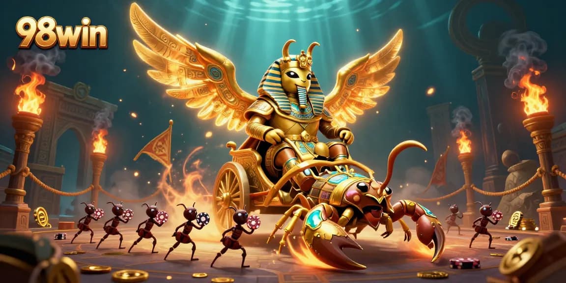 Experience thrilling adventures with 98win in this dynamic casino scene featuring golden scarabs and poker chips.