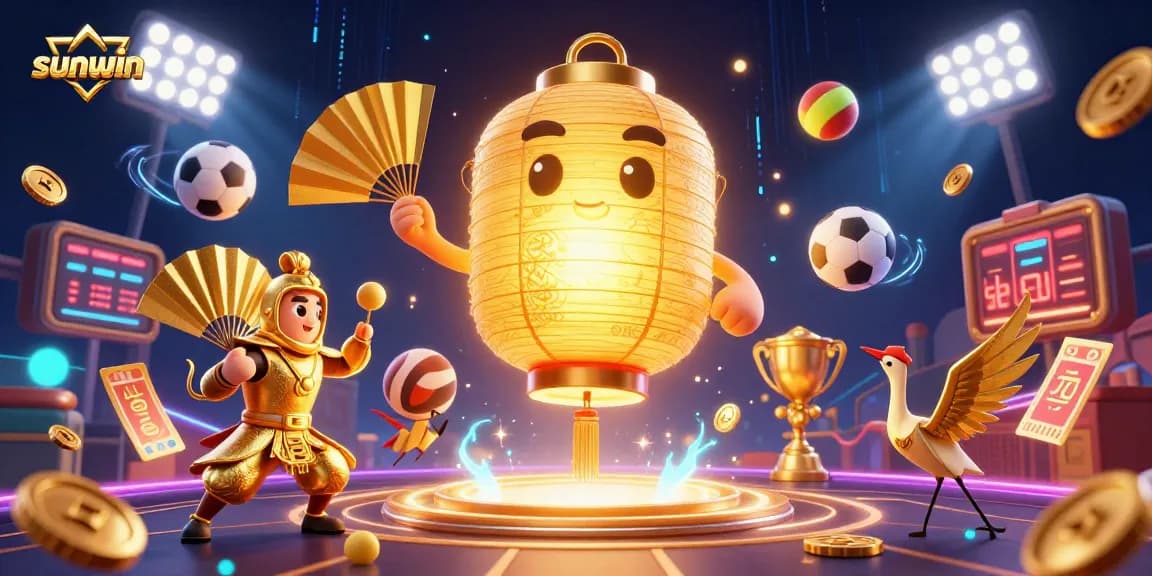 Experience the vibrant atmosphere of sunwin, featuring a glowing lantern spirit and dynamic sports elements.