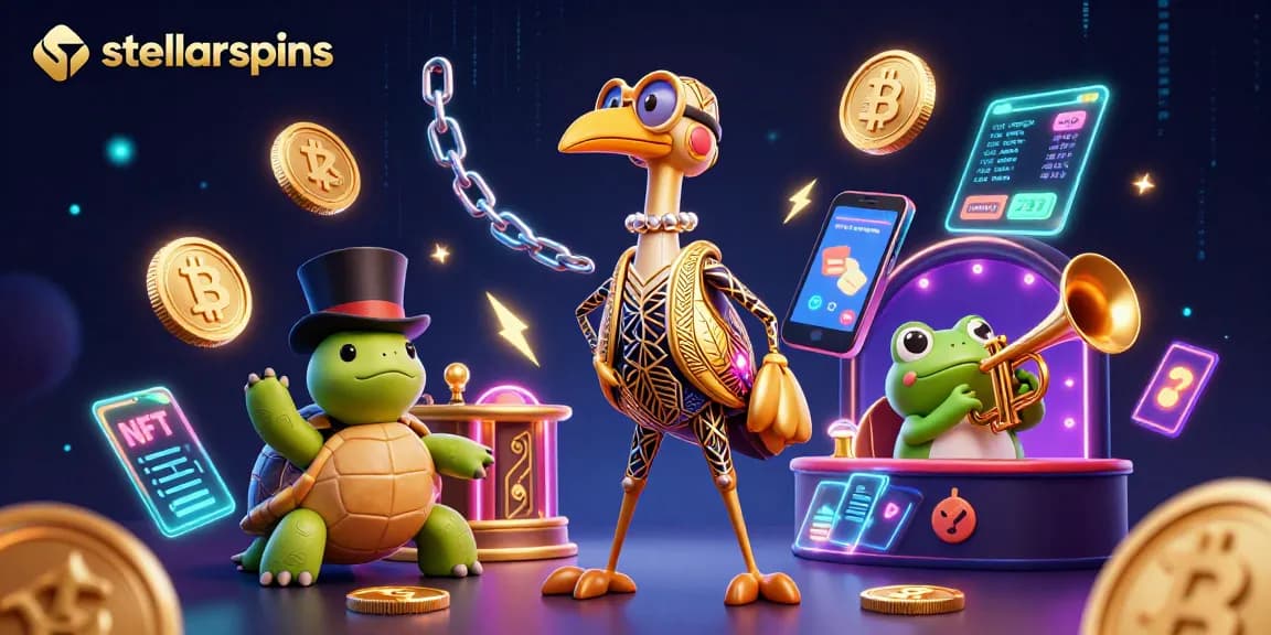 Engage with stellarspins at a vibrant casino scene featuring an Art Deco crane, turtle, and frog.