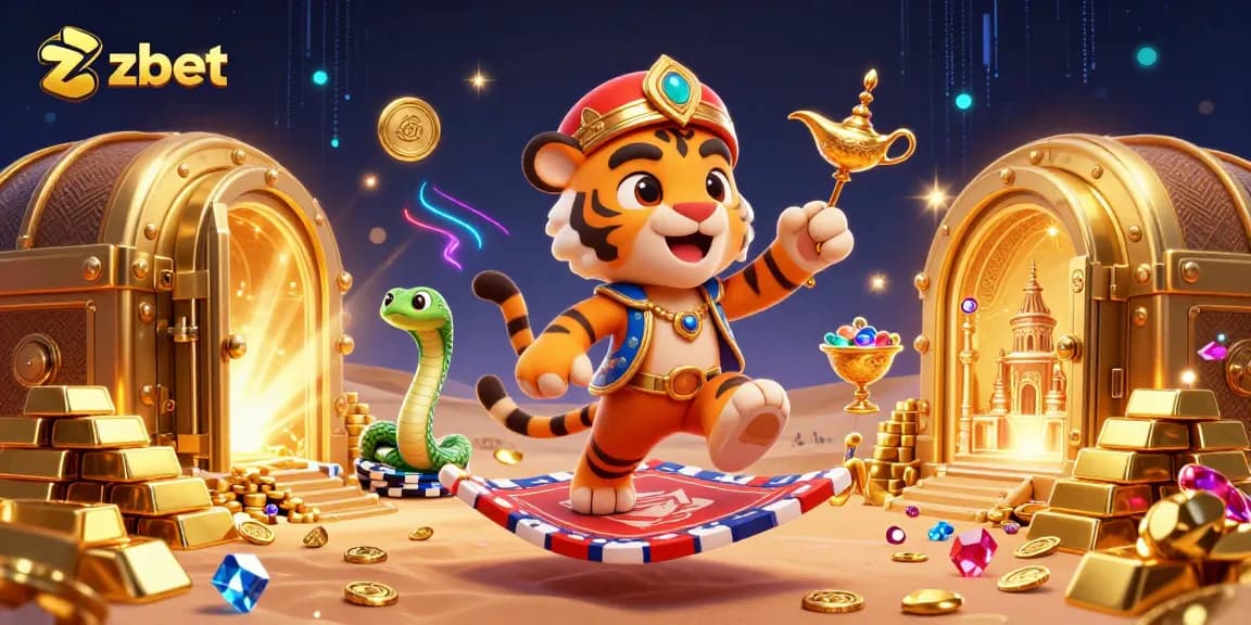 Experience zbet action with a magical tiger sultan, a treasure vault, and casino gems.