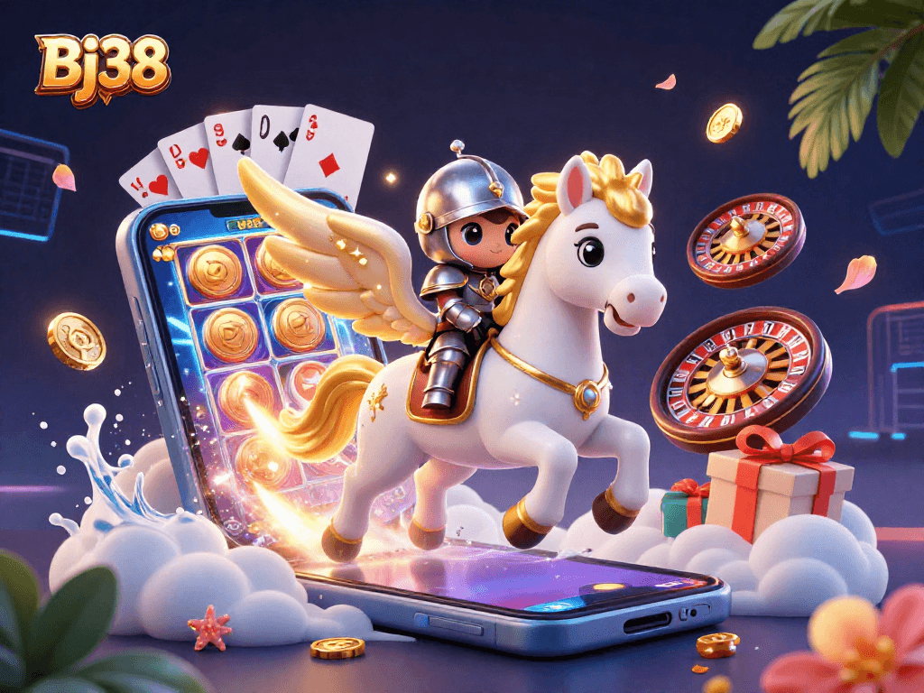 Engage in thrilling gaming with Bj38 amid vibrant slot machines and lively casino elements.