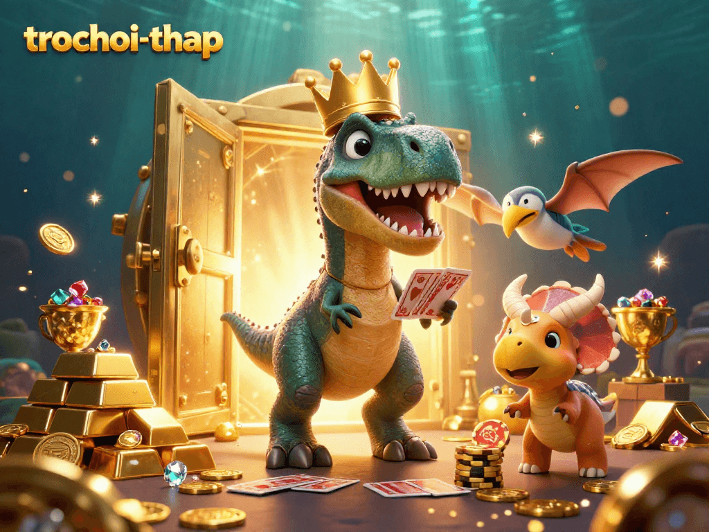 Engage in trochoi-thap as a friendly T-Rex plays cards while treasure bursts around in a vibrant casino scene.