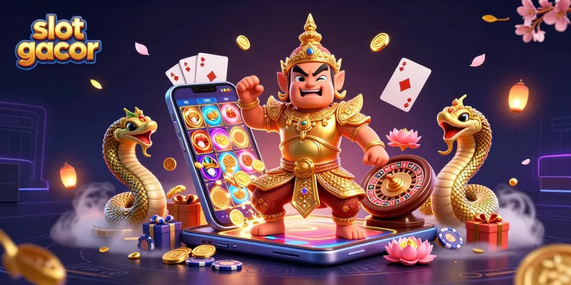 Spin the reels with slot gacor at this vibrant casino illustration featuring golden guardians and winning elements.