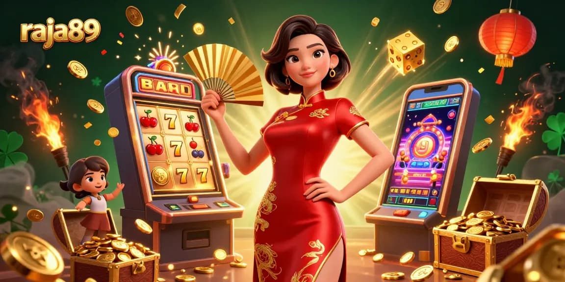 Engage with raja89's vibrant 3D illustration showcasing dynamic casino elements and an elegant character.