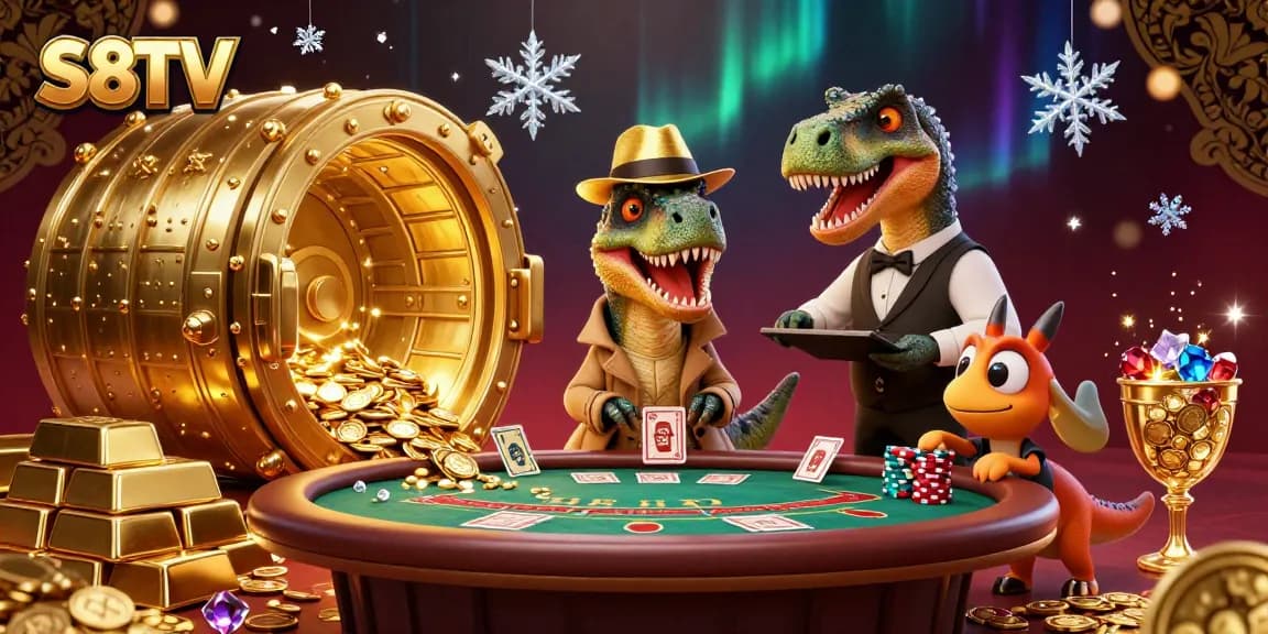 S8TV offers an immersive gambling experience with a velociraptor at a blackjack table, surrounded by treasures.