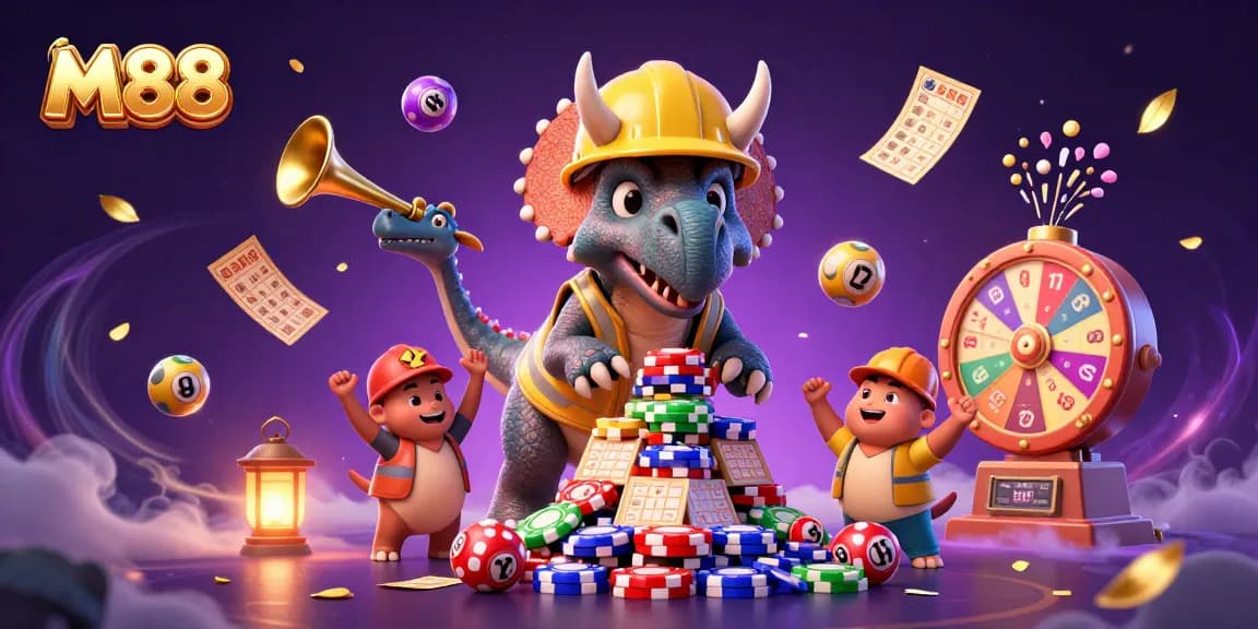 M88 features a dynamic 3D scene celebrating online gambling with vibrant game elements and cheerful characters.