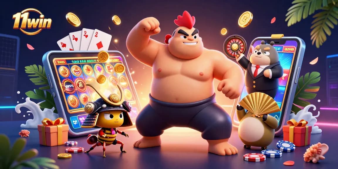 Engage with 11win's thrilling slots as a sumo rooster stomps and coins fly in a vibrant scene.
