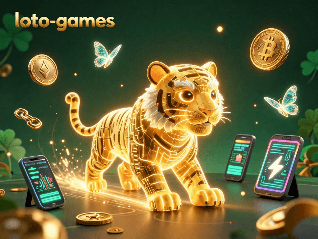 Engage with loto-games showcasing a neon-wireframe tiger in a vibrant digital casino landscape.