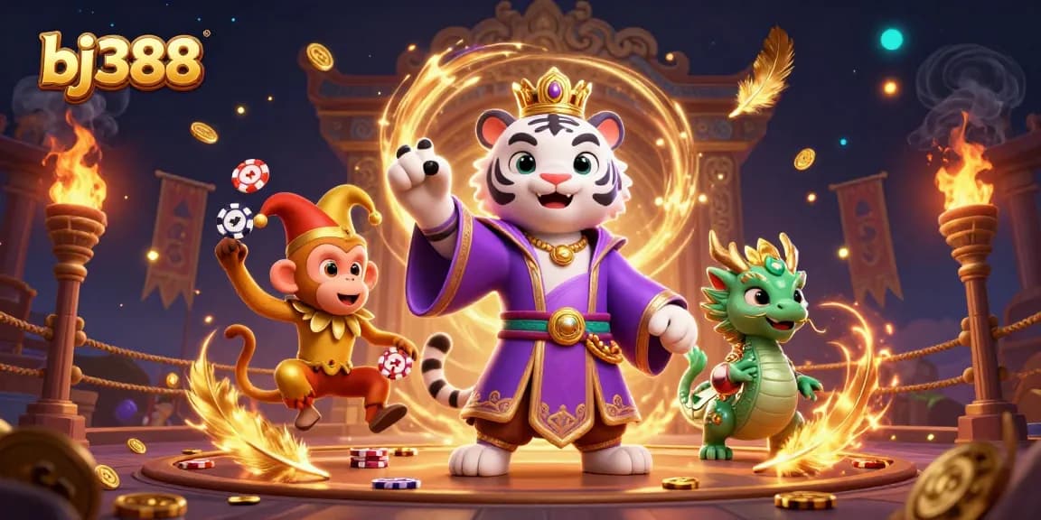 Experience the thrill of bj388 with lively 3D characters amid a vibrant gambling scene featuring a tiger, monkey, and jade dragon.