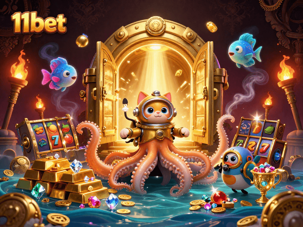 Win big at 11bet with a giant kraken and diving cat in an ocean of treasure!