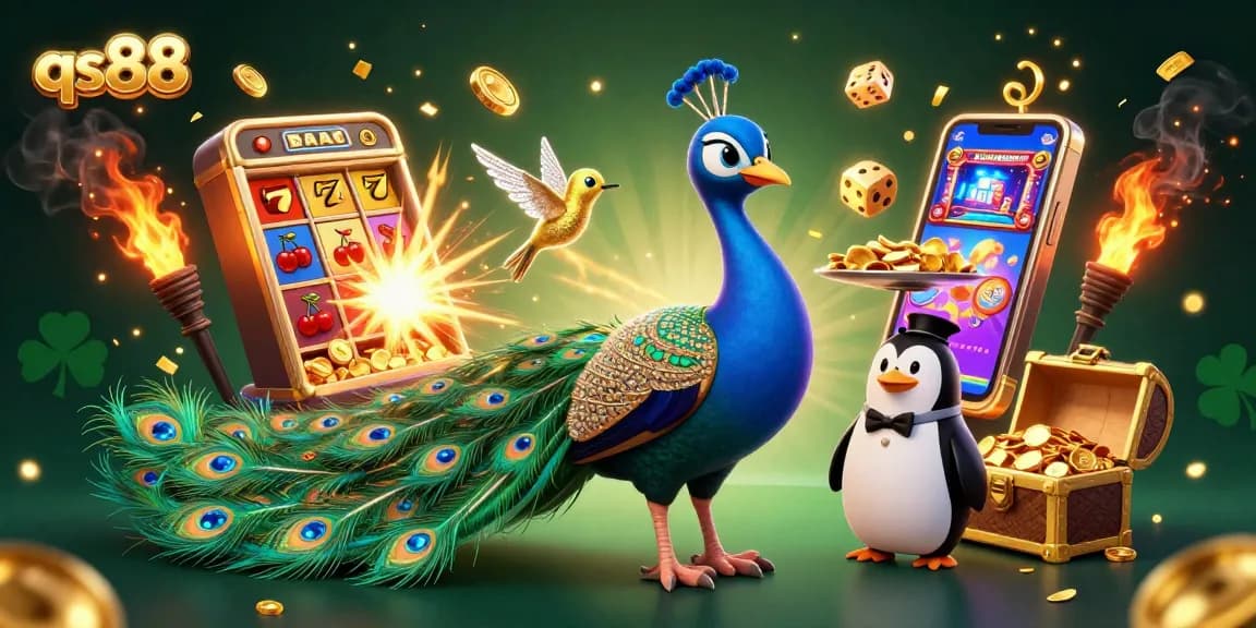 Experience the excitement of qs88 with a vibrant 3D illustration bursting with casino elements and winning opportunities.