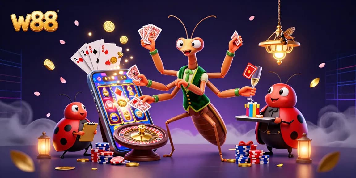 Engage with the lively world of w88, where a giant praying mantis deftly deals cards amidst casino elements.