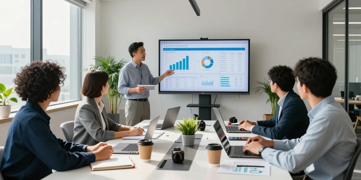 Team collaborating on call centre software solutions in a modern office, highlighting data analytics and teamwork.