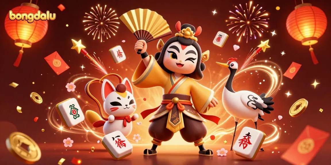 Bongdalu celebrates with vibrant kabuki warrior amid lavish gambling scene.