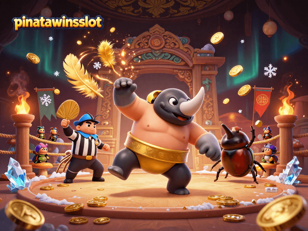 Join the action at pinatawinsslot with a vibrant scene of a sumo beetle champion amidst flying coins.
