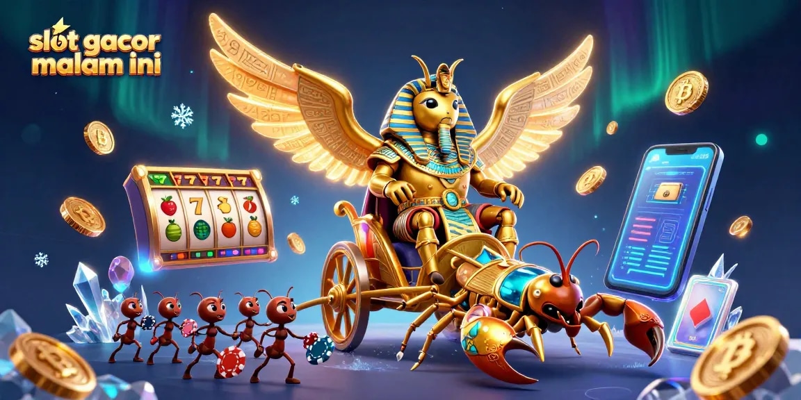Experience the excitement of slot gacor malam ini with a vibrant 3D illustration featuring a lavish golden beetle and dynamic casino elements.