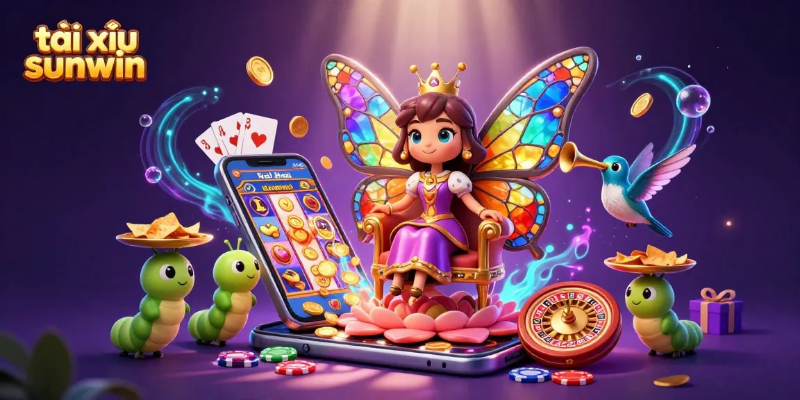 Experience the excitement of tài xỉu sunwin with a vibrant 3D casino scene featuring a butterfly queen and animated game elements.