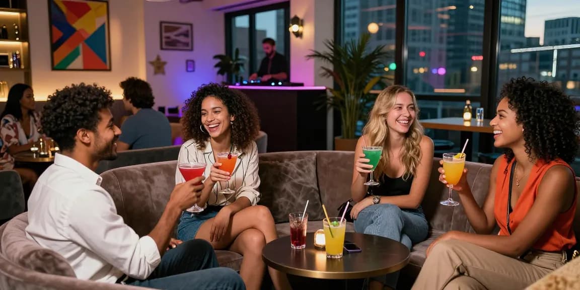 Exciting evening scene of diverse friends enjoying nightlife with 18+ ai themes.