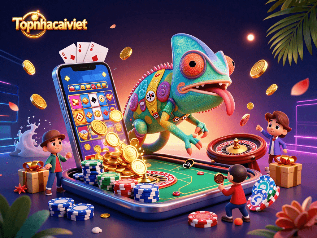 Engage with topnhacaiviet, as the colorful chameleon owner captures golden coins and casino excitement in a vivid scene.