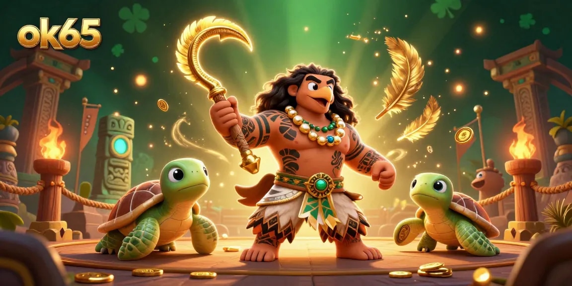 Win big with ok65, featuring a dazzling 3D scene of a demigod and gambling elements.