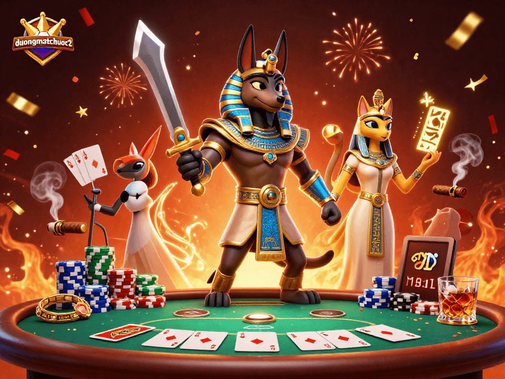 Experience thrilling gameplay with duongmatchuoc2 at a vibrant casino scene featuring Anubis, poker chips, and glowing hieroglyphs.
