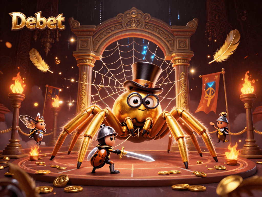 Engage with the thrilling world of Debet in a vibrant, dynamic casino scene featuring whimsical characters and striking visuals.