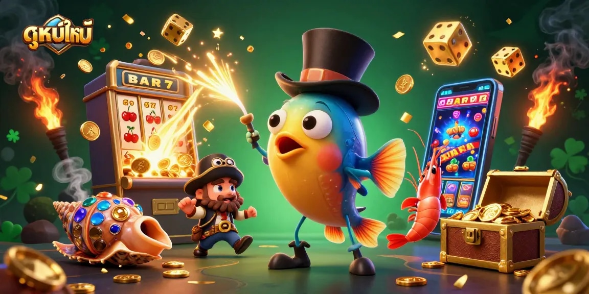 Attract golden coins with ดูหนังใหม่ as the glowing lure in an exciting casino scene featuring playful characters.