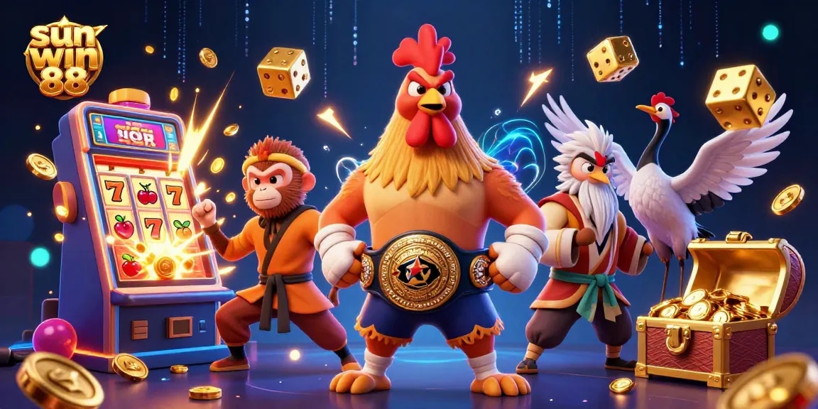 Experience the thrill of sun win 88 with vibrant characters amidst a dazzling casino scene.