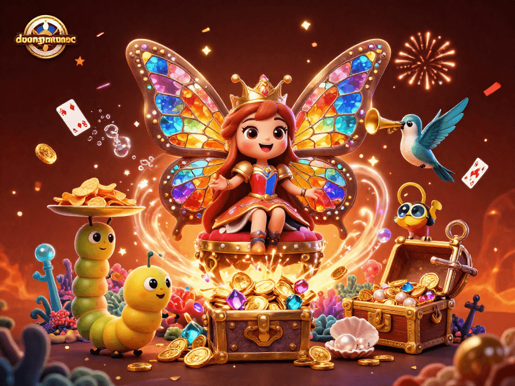 Experience the excitement of duongmatchuoc as the butterfly queen oversees a vibrant casino scene.