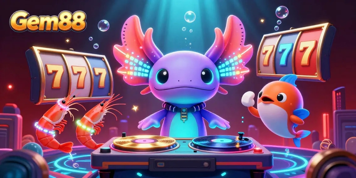 Experience the vibrant gaming scene of Gem88 with neon characters and dynamic casino elements.