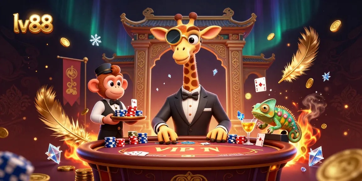 Experience the excitement of lv88 with a high-roller giraffe at a VIP poker table surrounded by dynamic casino elements.