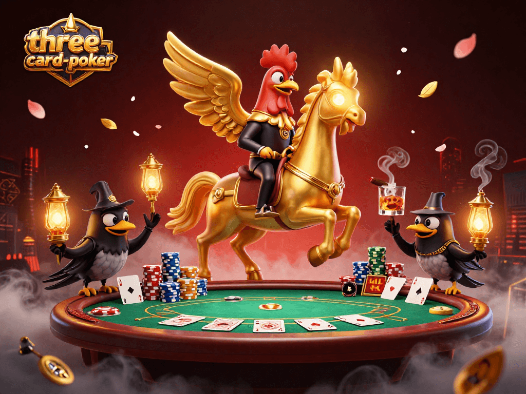 Experience thrilling three-card-poker action amidst a vibrant casino scene.
