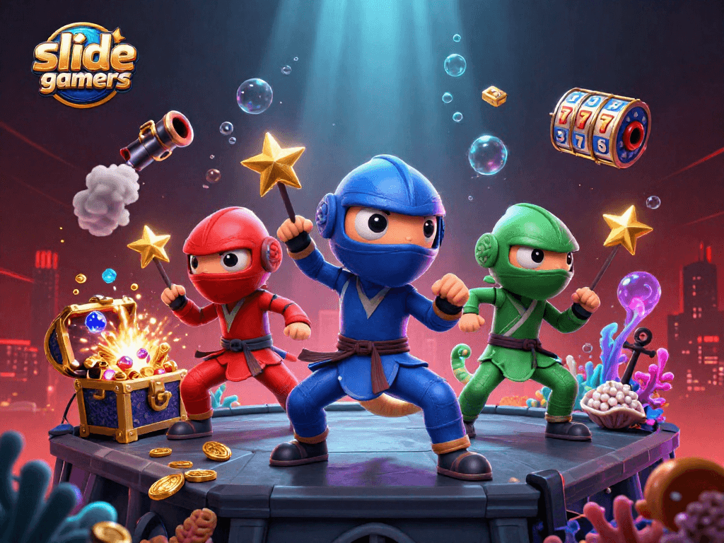 Engage in thrilling gameplay with slidegamers as chameleons leap over slot reels and treasures.