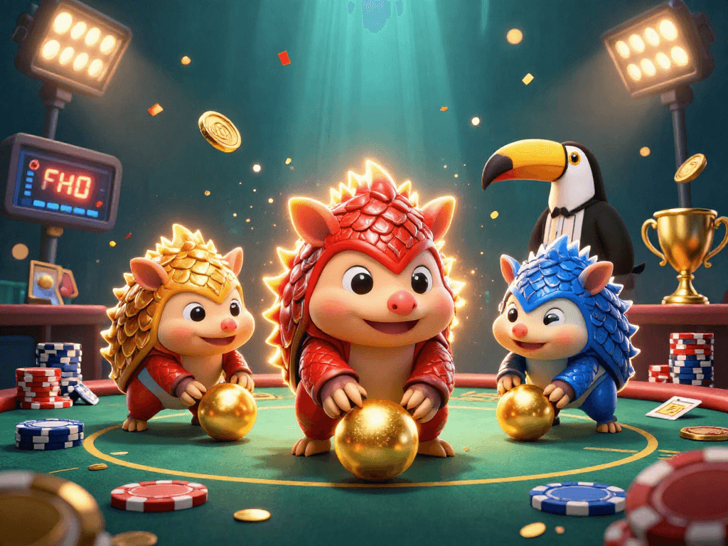 Engage in exciting poker battles with cute pangolins in this vibrant tienlenmiennam scene.